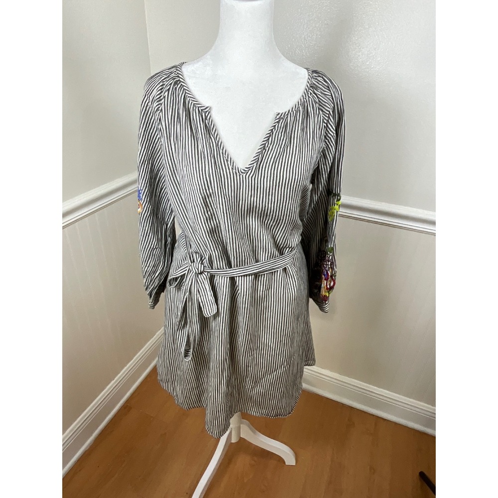 Feather Bone‎ Anthropologie Stripe Embroidered Sleeve Tunic Dress Women Size XS